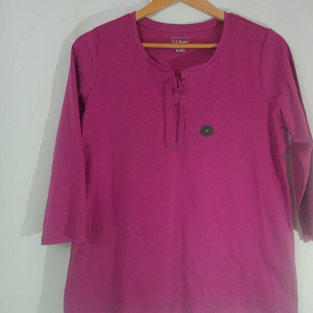 L.L. Bean Women’s Magenta Lace Up Henley 3/4 Sleeve Top Size Medium NWT